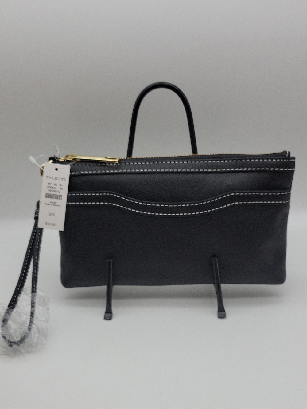 Talbots Black Leather Wristlet Clutch with White Stitching and Gold Hardware